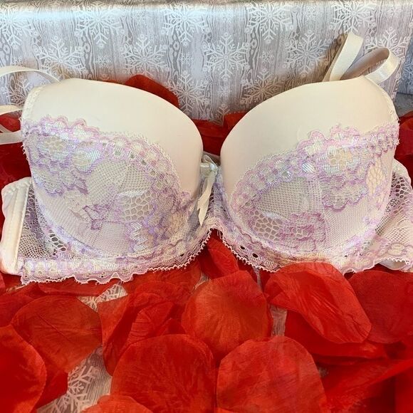 OFF-WHITE w LILAC & CREAM LACE PUSH-UP DEMI 32B - Picture 2 of 5